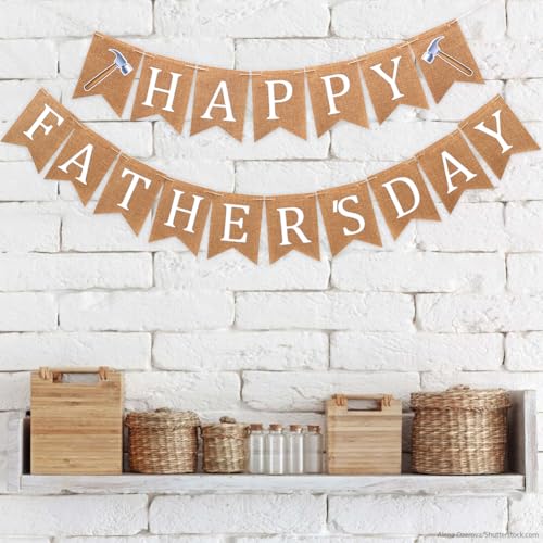 Image of Happy Father's Day Decorations Banner Burlap - Vintage-Style Father's Day Decor Hanging Signs Banner for Home Office Walls Fireplaces Background Photography
