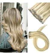 5PCS Clip In Hair Extensions Human Hair Mixed Bleach Blonde 18Inch for Women Girls #18p613