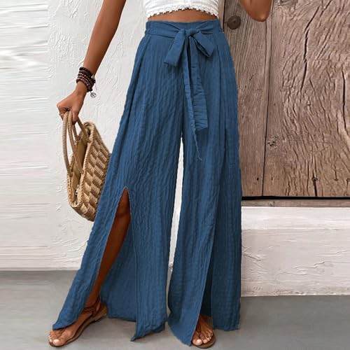Women's Linen Wide Leg Pants High Waist Casual Long Lounge Adjustable Tie Business Casual Tie Knot Trousers Plus Size3