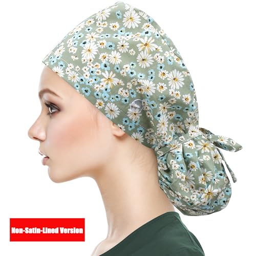 Image of QBA Adjustable Working Cap with Button, Satin-Lined Hat, Cotton Working Hat Sweatband, Elastic Tie Back Hats Unisex