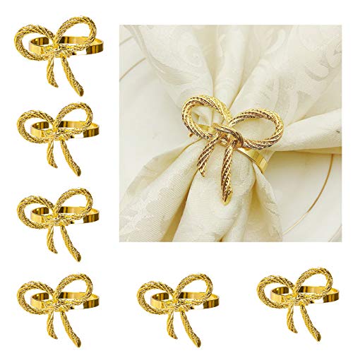 Napkin Rings Set of 6, Gold Napkin Rings Bowknot Napkin Buckles Holder for Wedding Dinner Party Table Decoration Receptions Christmas Family Gatherings