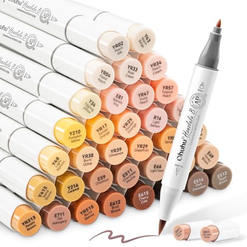 Ohuhu Skin Tone Alcohol Markers Brush Tip - 36 Portrait Skin Color Markers for Artist Adults Coloring Illustration - Fine and Brush Dual Tips - Honolu