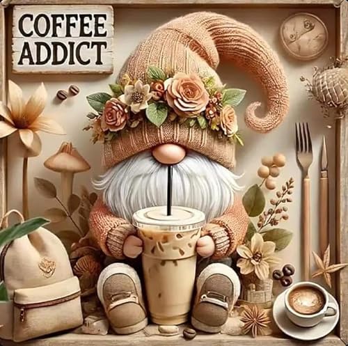 BYGFHLYW Diamond Art Painting Kits for Adults Gnome Drinks Coffee 5D Diamond Painting Dots Art Kits for Adults Beginner DIY Full Round Gem Crystal Art Paint by Diamond Home Wall Decor 14x 14 in