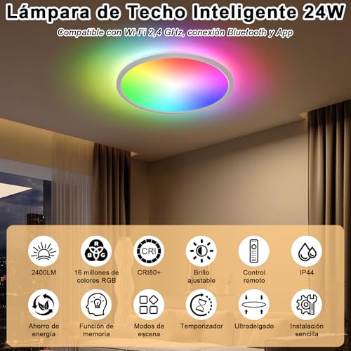 Rawhui Plafon Led Techo Regulable,24W RGB 3000K-6500K Lampara Techo con Mando,IP44 2400LM Plafones para Techo LED,Compatible Alexa/Google Assistant/Tuya,para Dormitorio Cocina Salon Ø29cm - imagen 2