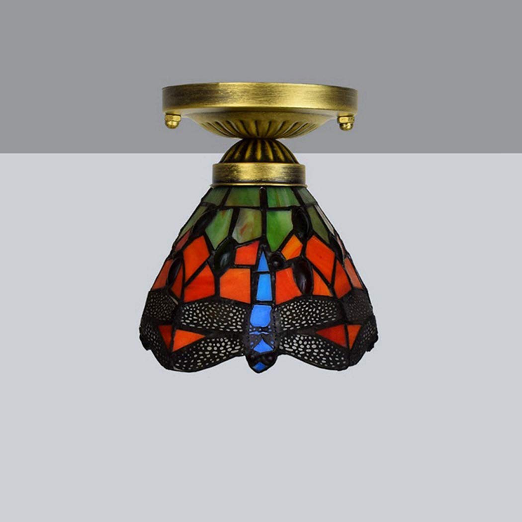 Tiffany-Stil Red Dragonfly Deckenleuchten Erröten-Einfassung Deckenleuchte Handgefertigte Glasmalerei LED-Nachtlicht für Schlafzimmer Wohnzimmer, E27,15CM