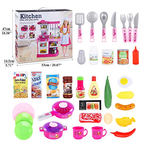 Temi Kitchen Playset Pretend Food - 34 PCS Kitchen Toys for Toddlers, Toy Accessories Set w/ Real Sounds and Light, Suitable Height (Pink)