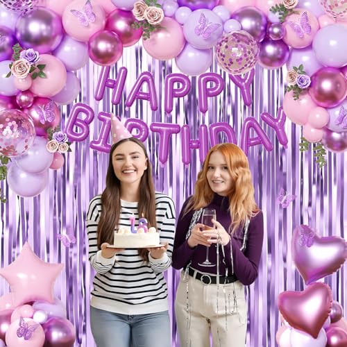 Purple Pink Birthday Decorations, Metallic Magenta Purple Lavender Balloons Confetti Foil Balloons Happy birthday Banner Butterfly Fringe Curtains Birthday Decorations for Women Teens Girls — view 4
