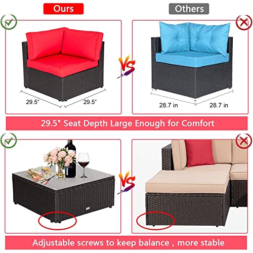Kinbor 7 Piece Patio Furniture Set - Wicker Rattan Outdoor Sectional Sofa With Glass Table, Conversation Set For Porch Deck Garden Lawn, Red #TOP1