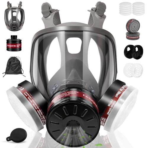 Full Face Respirator Gas Mask - Reusable Gas Masks Survival Nuclear and Chemical with 40mm& P-A-1 Activated Carbon Filter Against Gases/Dust/Vapors/Fume for Chemicals, Spray Paint, Industry, Sanding