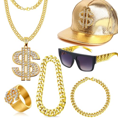 Thyrhntr 80s 90s Outfit for Men Kids Women Hip Hop Accessories Costume Rapper Chain Fake Gold Dollar Sign Jewelry for Cosplay (Gold)