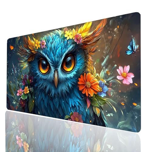 Tapis de bureau gaming Model05919 finitions premium bords cousus et motif hibou fleur