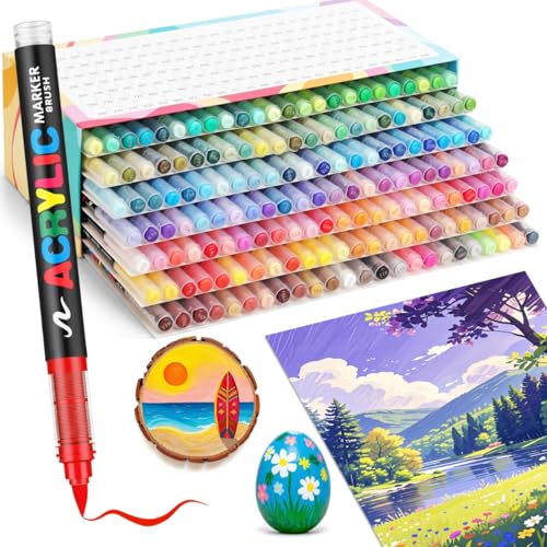 Image of Guangna 168 Acrylic Paint Markers, Brush Tip Acrylic Paint Pens, Quick-Drying Waterproof Ink, for Rock Painting Plastic Wood Canvas Glass Ceramic Metal Art Crafts Supplies Gift