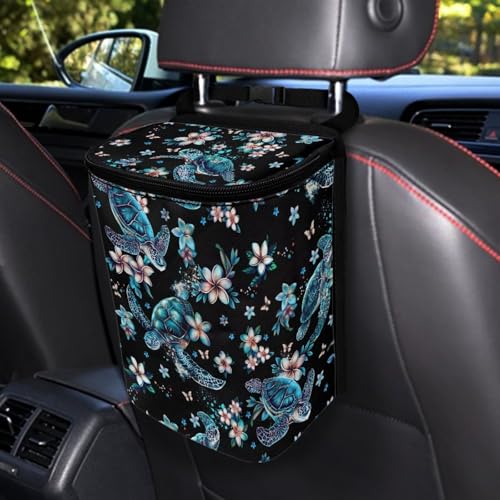 Image of Turtle Floral Print Car Trash Can with Lid Collapsible Waterproof Cars Garage Bag Reusable Hanging Automotive Garbage Bin Cars Accessories Interior Car Organizer