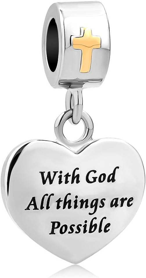 LovelyCharms Cross Charm With God All things are Possible Religious Dangle Bead Fits European Bracelets (Heart)