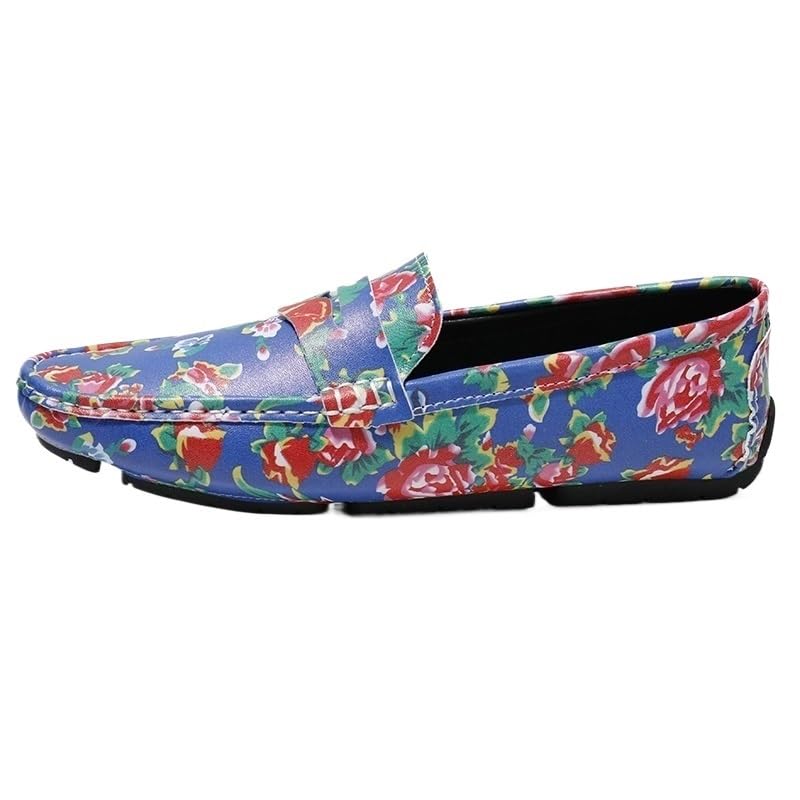 Mens Loafers Shoe Square Toe Leather Floral Two Tone Resistant Anti-Slip Flat Heel Fashion Casual Slip On