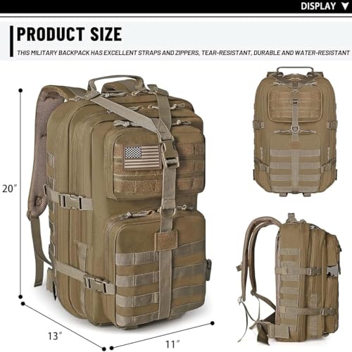Image of REEBOW GEAR Military Tactical Backpack for Men Large Army 3 Day Assault Pack Molle Hiking Daypack Bag (Brown-Tan)