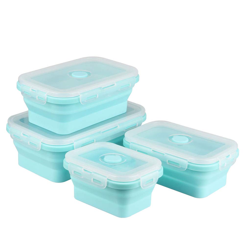 Set di 4 contenitori per alimenti pieghevoli in silicone, adatti a microonde, congelatore e lavastoviglie, ideali per preparare i pasti, freschezza e risparmio di spazio (blu)