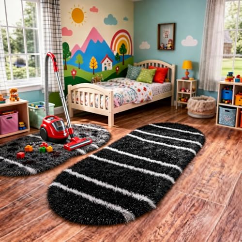 Image of Vasrug Luxury Soft Shaggy Bedside Ovel Rug - Geometric Design | Plush High-Pile Bedroom Carpet, Pack of 1 Pic, 2x9 Feet, (AA10)