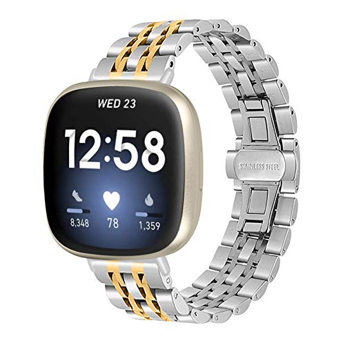 Gimartuk Compatible with Fitbit Versa 3/Fit bit Sense Strap for Women Men Solid Stainless Steel Versa 3 Band Replacement Strap Wristband Metal Band Bracelet for Sense Small Large (Silver+Gold)