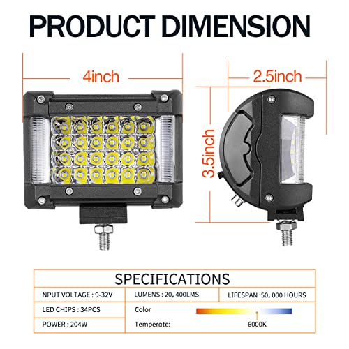 Auto Power Plus Side Shooter Led Pods, 2Pcs 204W Quad Row Light Bar Spot Beam Led Driving Light Pod Waterproof Off Road Lights Led Work Light Cubes Fog Lights For Truck 4X4 Suv Atv Utv Boat #TOP1