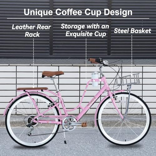 26 Inch Women's 7 Speed Beach Cruiser Bike with Cup Holder & Basket