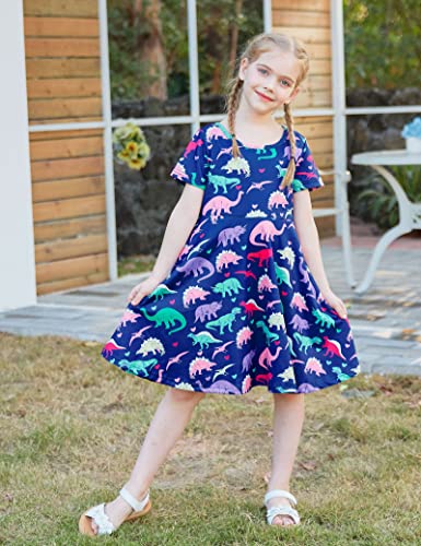 Toddler Girls Short Sleeve Dress Navy Blue Dinosaur Print Dress Animal World Pattern Summer Dress Casual Swing Holiday Birthday Theme Party Sundress Toddler Kids Twirly Skirt 6-7 Years #TOP6