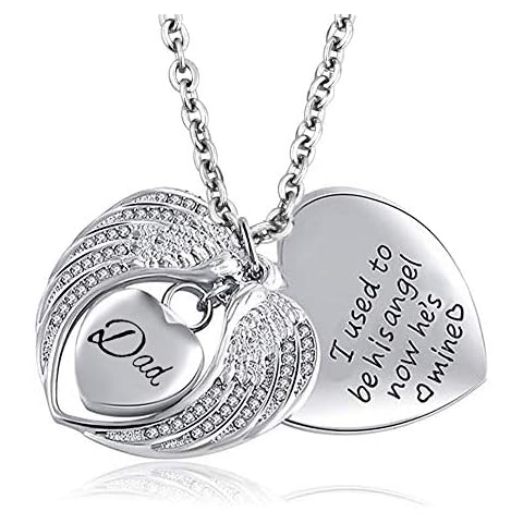 CoolJewelry Urn Necklace for Ashes Love Heart Keepsake Cremation Memorial Stainless Steel Jewelry Angel Wing DAD Cover