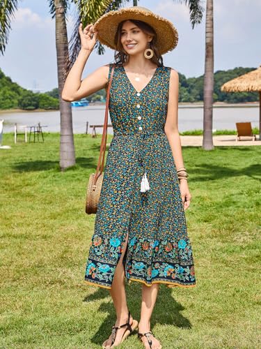 Image of BROVAVE Women Summer Bohemian Floral Print V Neck Sleeveless Sundress Flowy Casual Midi Dress