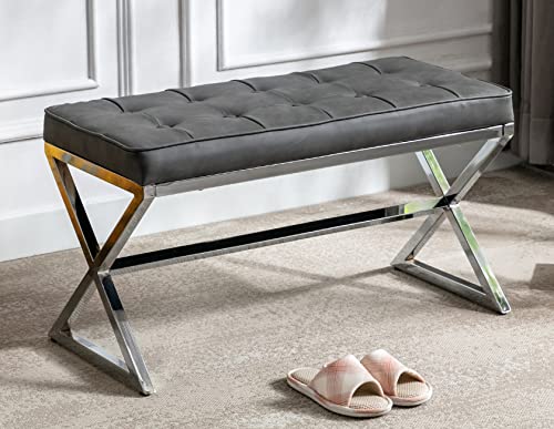 Lzareal Button-Tufted Ottoman Bench Pu Leather Upholstered 34 Inch Contemporary End Of Bed Bench With Metal X Leg, For Entryway Dining Room Living Room Bedroom End Of Bed, Grey #TOP22