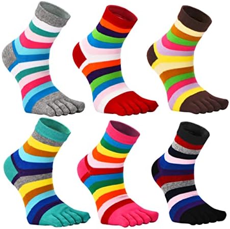 Toe Socks Women Five Toes Wicking 5 Finger Cotton Athletic Striped Crew 6 Pack