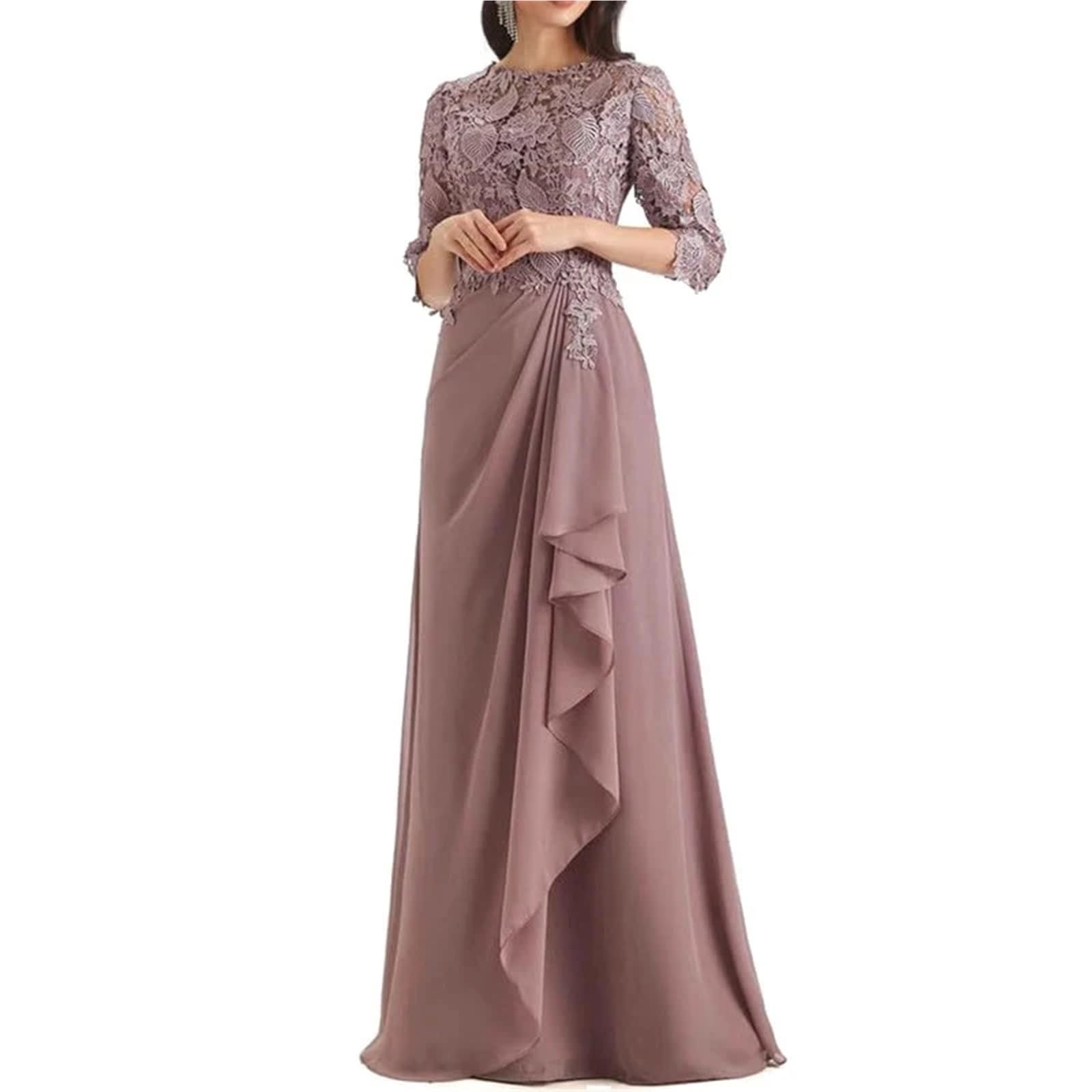 Vestidos para la Madre de la Novia Elegante Vestido de Madre la Novia con Apliques Encaje for Fiesta Bodas, Gasa, Media Manga, Corte A, Largo hasta el Suelo para una reunión(Orange,14W)