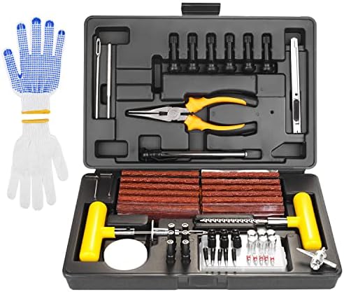SHYOSUCCE Reifen Reparaturset, 100 TLG. Autoreifen mit Reifendruckmesser, Handschuhe und 35 Zubehör, Flickset für Autos, Fahrräder, Motorrad, Traktor, Lastwagen