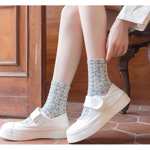 Image of 5 Pairs Floral Socks Women Trendy Flower Socks Embroidered Vintage,Girls Cute Sweet Nordic Textured Cotton Socks