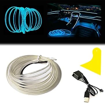 El Wire Ice Blue Interior Car LED Strip Lights, 10M Neon Wire USB 5V with Fuse Protection for Automotive Interior Decoration, with 6mm Sewing Edge