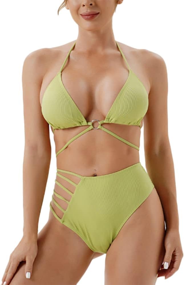 Women's Halter Neck Bikini Sets Beachwear Swimsuit Tie Back Mid Rise Two Piece Bathing Suits