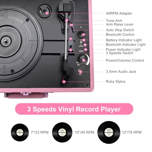 Image of Portable Record Player with Bluetooth 3 Speed Turntable Built in Rechargeable Battery Vintage Suitcase Design with RCA Line Out and Aux in