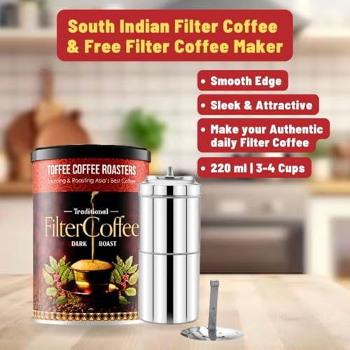 Image of Toffee Coffee Roasters | South Indian Filter Coffee, Pack of 3 (200 gms) + Free Filter Coffee Maker (220ml, 3-4Cups) | As Seen On Shark Tank | Speciality Traditional Dark Roast Signature Filter Coffee