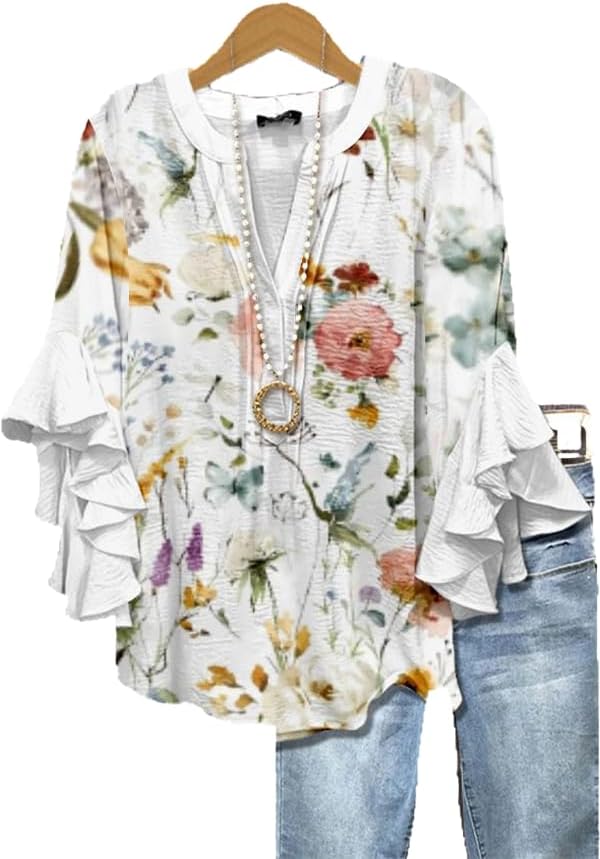 DEPENSL Womens Blouses Dressy Casual Boho Floral Printed 3/4 Ruffle Tops Trendy 2026