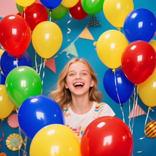 Image of Red Blue Green Yellow Balloons 100 Pack 12 Inch Matte Blue Yellow Red Green Latex Balloon for Carnival Circus Balloon arch Kids Birthday Baby Shower Party Decorations