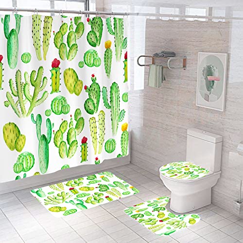 Ensemble salle de bain cactus 4 pièces avec tapis microfibre 50x80cm et rideau