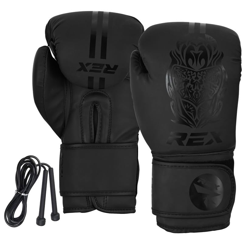 Rex Sports Boxing gloves with FREE Skipping Rope, Training gloves, Heavy duty punching gloves Boxing Gloves for punching bags & sparring training kids & adult size 2 OZ to 16 OZ (FULL BLACK, 16 OZ)