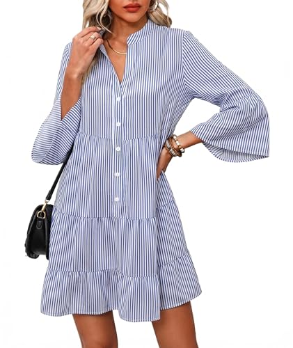 Image of Opemiby Summer Dresses for Women 2026 Flowy Ruffle 3 /4 Sleeve V Neck Tiered Casual Babydoll Boho Beach Mini Dress