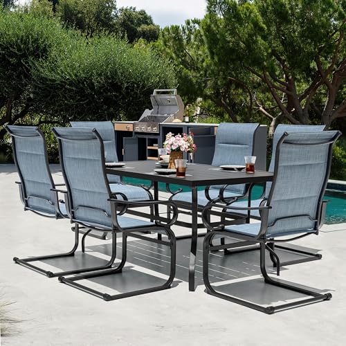 Image of NUU GARDEN 7PCS Patio Dining Set with 1.6 Inch Umbrella Hole Powder-Coated Metal Frame Outdoor Furniture with 6 Padded Textilene C-Spring Chairs and Table for Backyard Garden Poolside Lawn Black Blue