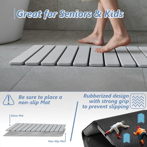 Image of AWW Foldable Stone Bath Mat, Diatomaceous, 31.5 inchx15.7 inch, Light Grey | Quick-dry surface, super absorbent, easy-clean finish, non-slip mat included, and compact storage for small bathrooms