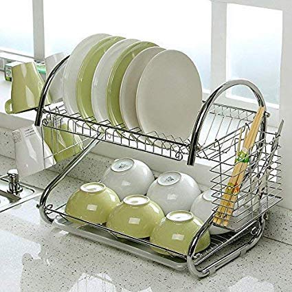 UK Enterprise 2 Layer S Shape Stainless Steel Kitchen Dish Drainer Storage Rack Holder Glass, Plate, Fruits and Vegetable Utensils Storage Organizer