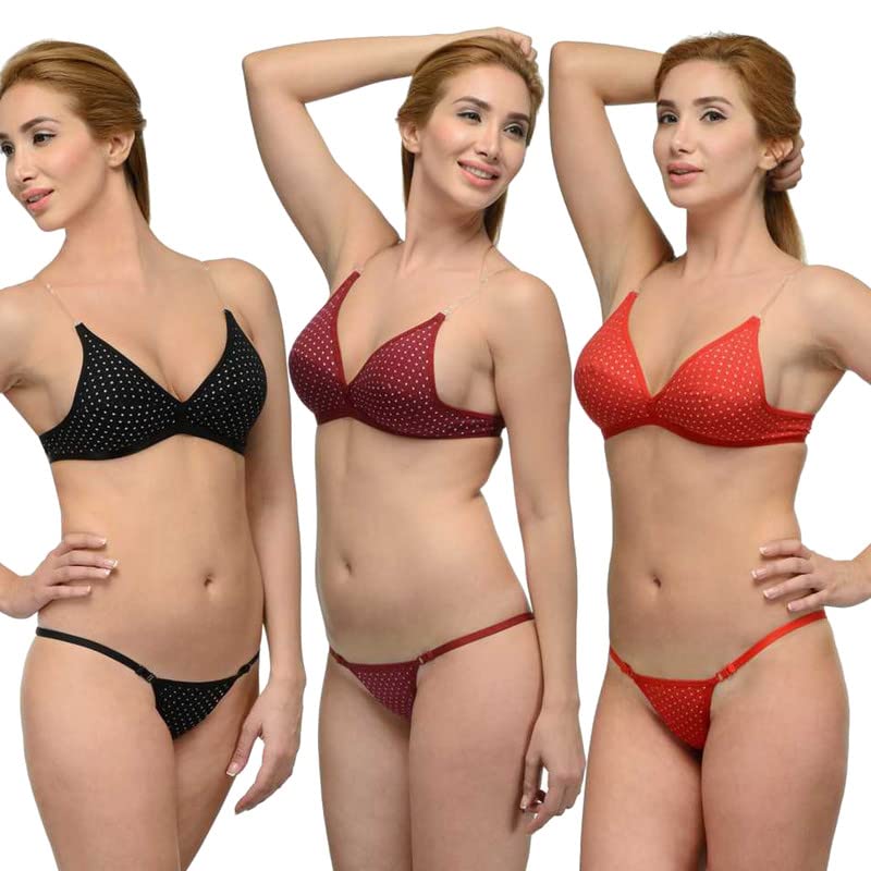 Image of Women`s Cotton Non-Padded Floral Solid Lingerie Bra & Panty Set S to 3XL