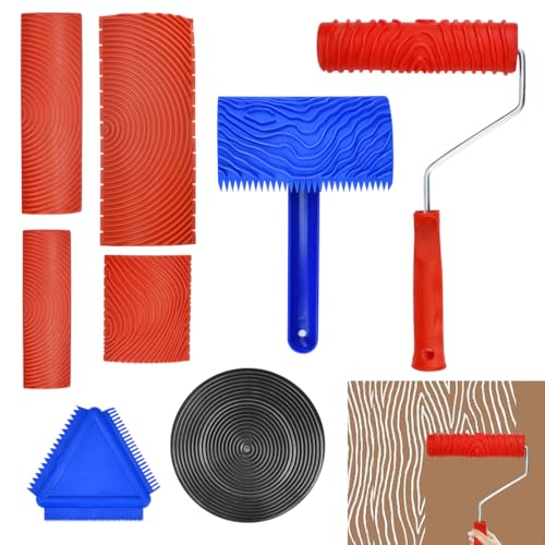 STAXAR 8 Stück Holzmaserung Werkzeug Painting Holzmaserungswalze Holzmaserungswalzen Werkzeuge mit Griff Gummi Holzstruktur Werkzeug zum Dekorieren Gummi Malwerkzeug für Wanddekoration