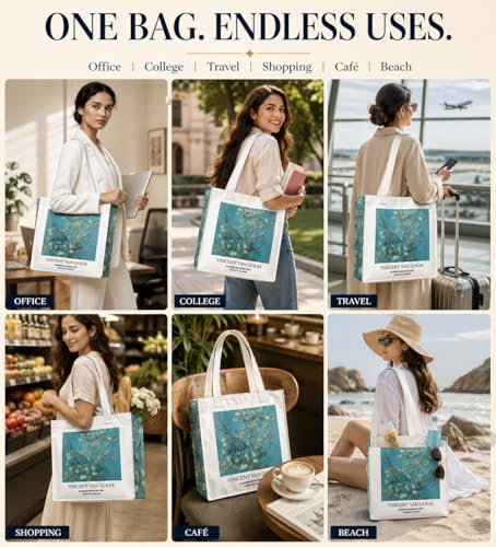 Image of Artsy Canvas Tote Bag for Women | Zipper Closure, Bottle Holder & Keychain Hook | Premium Cotton Canvas Bag for Travel, College, Office | Reusable Shopping Tote Bag Gift