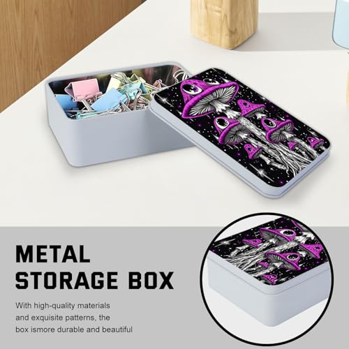 Image of Metal Tin Box with Lid,Multi-functional Storage Large Box Can Store Tea Biscuits Game Cards, Playing & Tarot Cards-Comes with 4 Magnetic Cord Clips,Psychedelic Purple Mushrooms