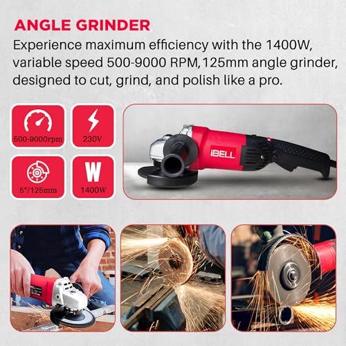 Image of iBELL Angle Grinder AG25-50S, 5 inch / 125mm Disc Dia,1400W Heavy Duty, Copper Armature,0-9000 RPM with Side Handle and Guard
